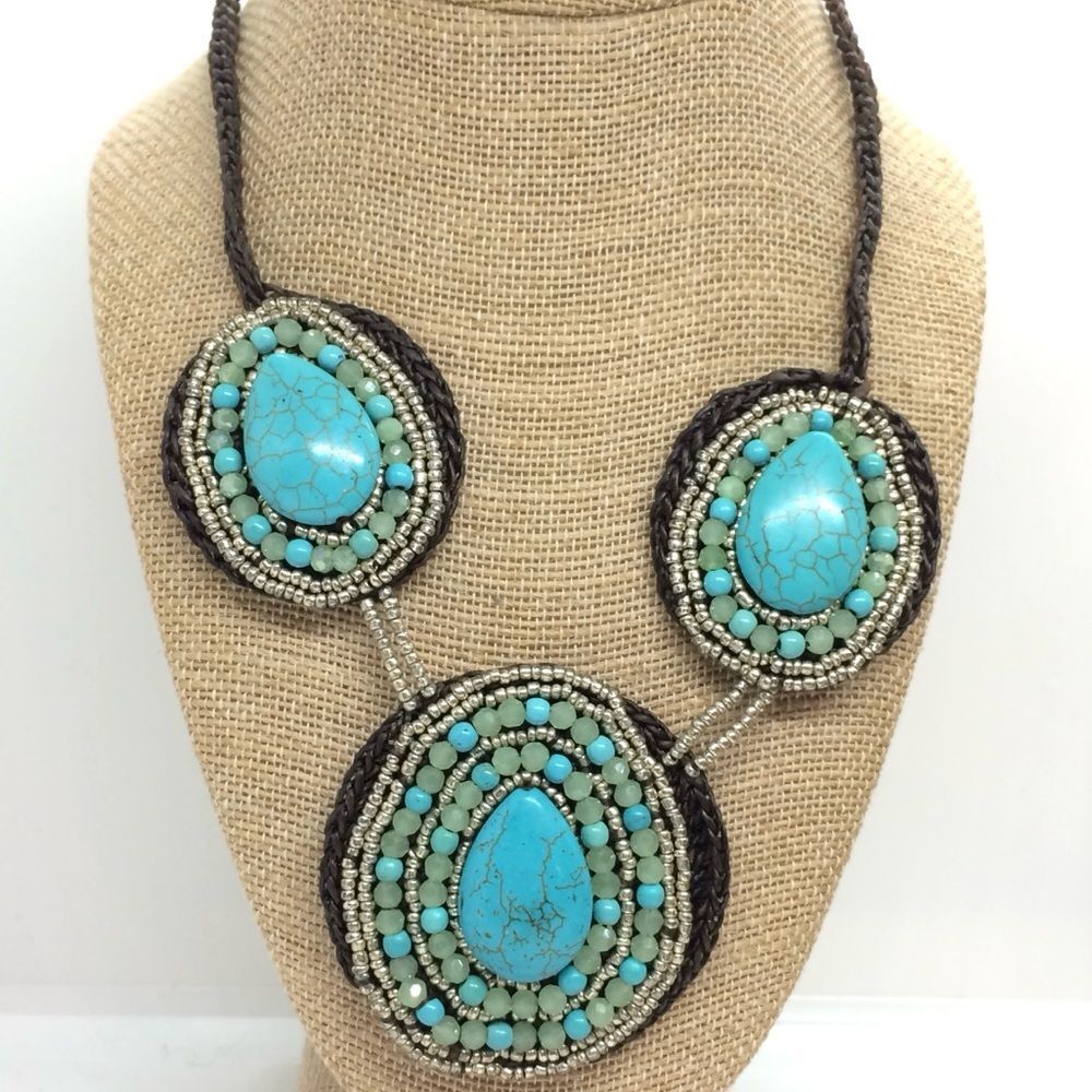 Blue Stone Necklace Crochet Howlite Festival Statement Boho Chic